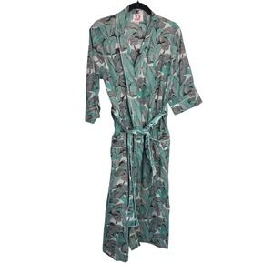 Victoria Dunn Tropical Banana Leaf Print Cotton Robe Turquoise Grey White‎ S/M
